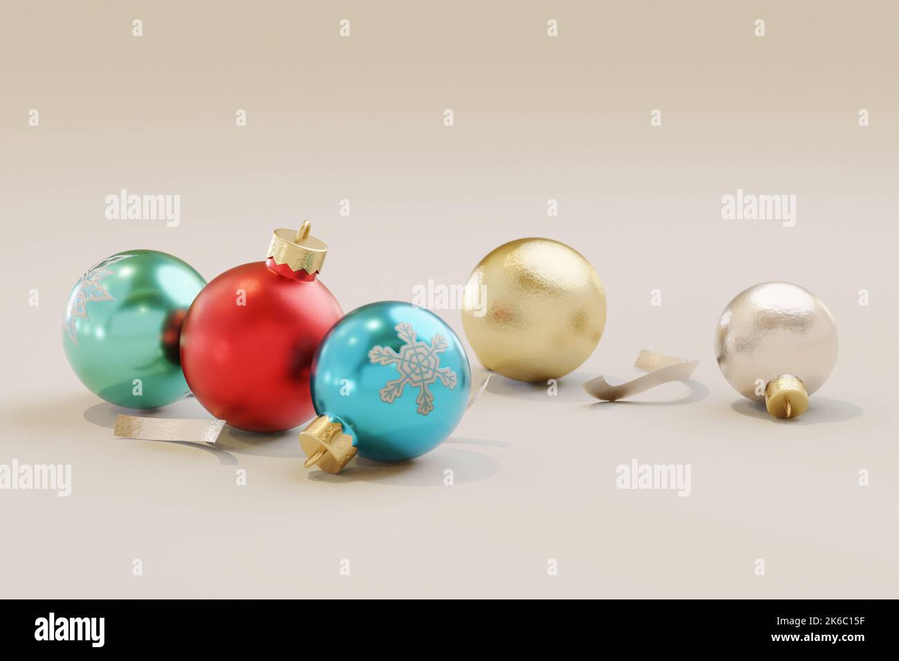3D realistische farbenfrohe Weihnachtskugeln im modernen und eleganten Stil Stockfoto