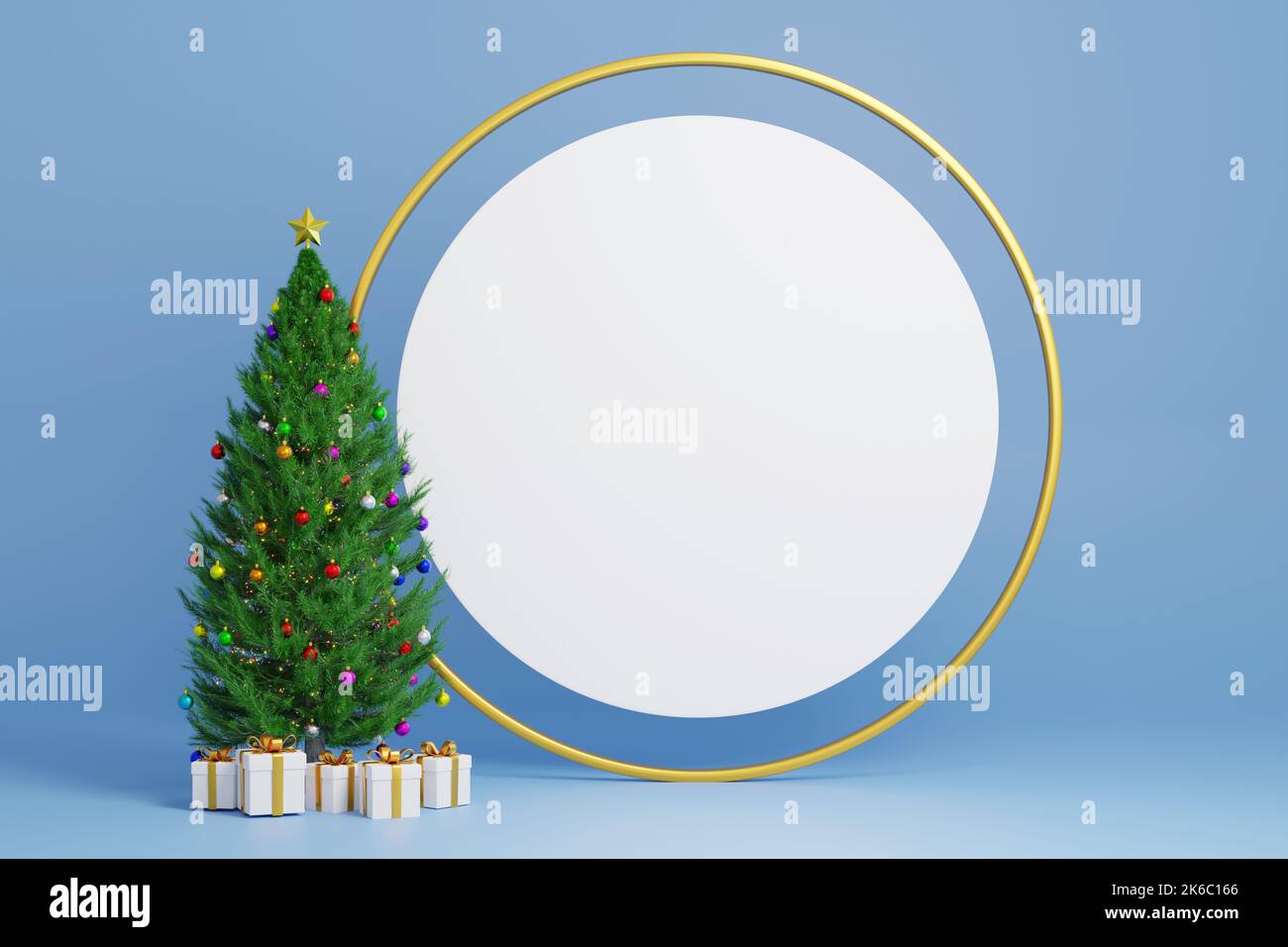 3D Rendering realistischer Weihnachtsbaum mit Glanz Glitzer Weihnachtskugel und buntem Licht mit Kopierraum. Für fröhliche Weihnachten Design-Element Stockfoto