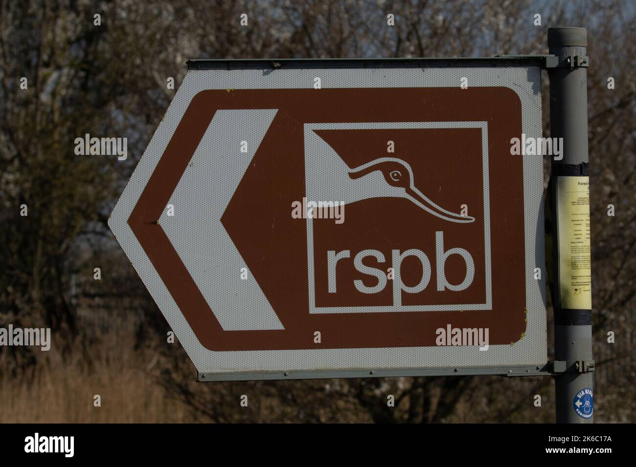 Nahaufnahme eines braunen Straßenschildes mit dem Symbol von Avocet - RSPB Royal Society for Protection of Birds in UK Stockfoto