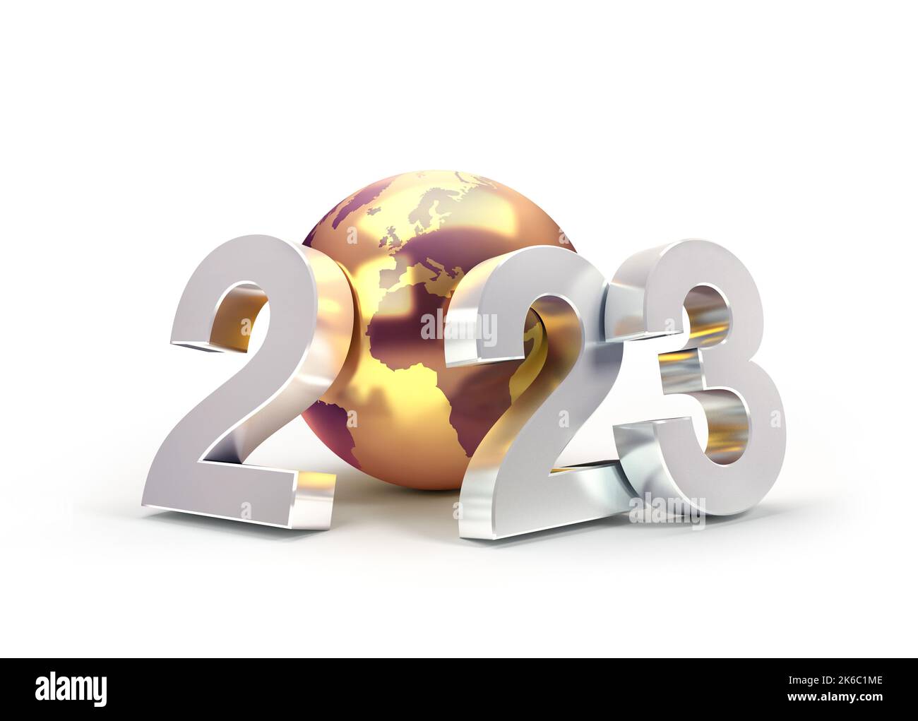 2023 Neujahrsdatum mit einem goldenen Planeten Erde, isoliert auf weiß - 3D Abbildung Stockfoto