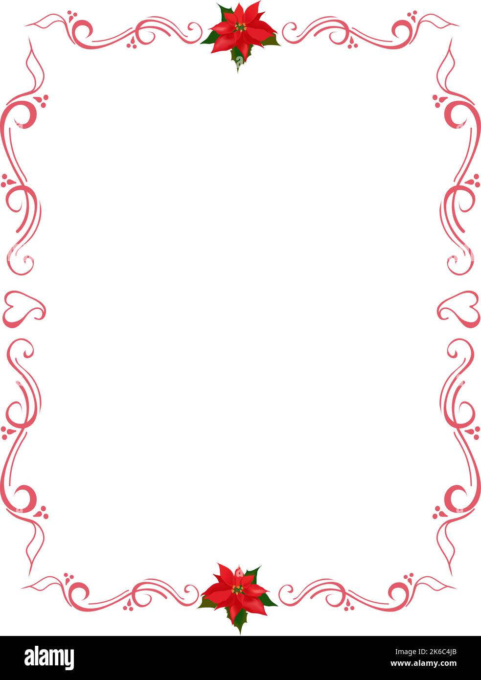 Rahmen mit Copyspace für jede Inschrift, mit eleganten Bordüren aus Poinsettia-Blumen und kunstvollen Schnörkeln. Handgezeichnete Vorlage Stock Vektor