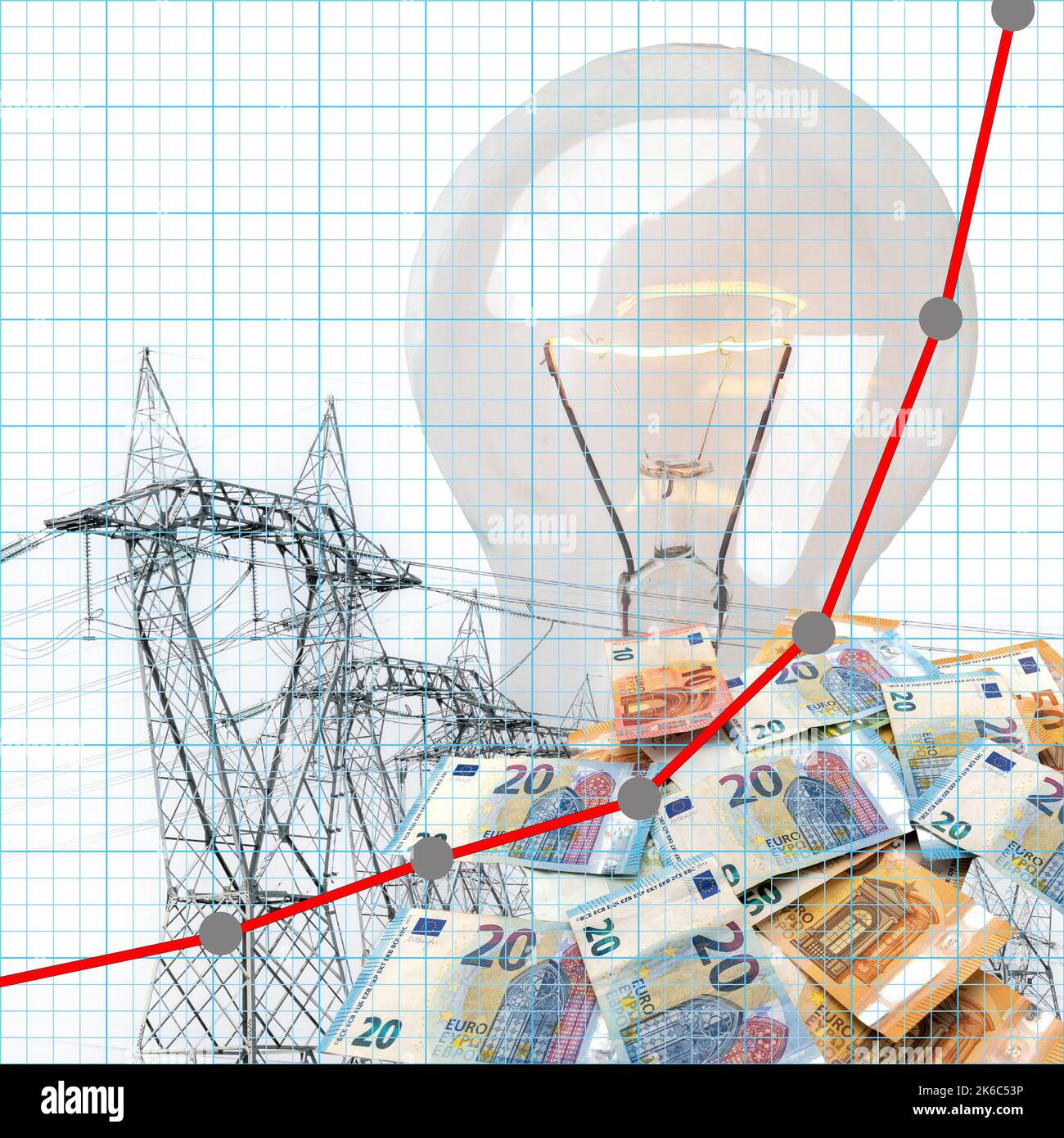 Abstraktes Finanzdiagramm mit einem aufwärtstrendierten Strompreis auf Euro-Banknoten und Strommasten und Glühbirne. Konzept exponentiell inklusive Stockfoto