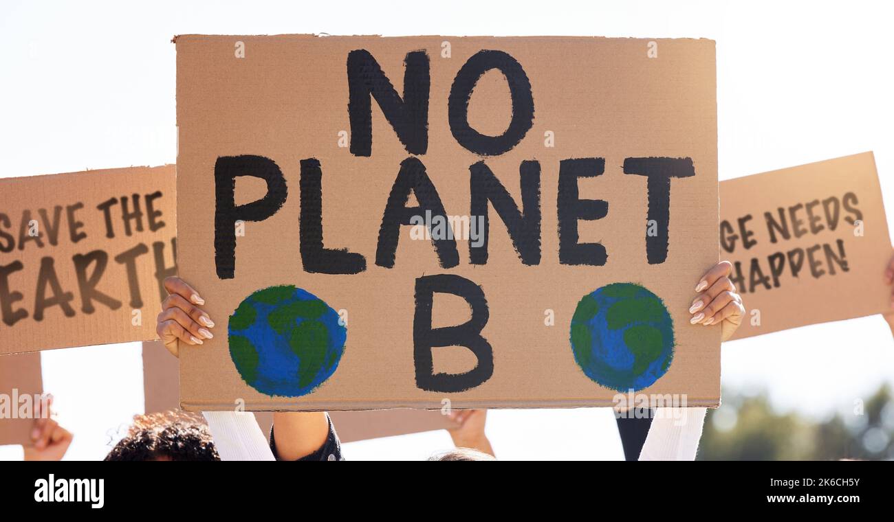 Kein Planet, kein Leben. Eine Gruppe von Menschen, die gegen den Klimawandel protestieren. Stockfoto