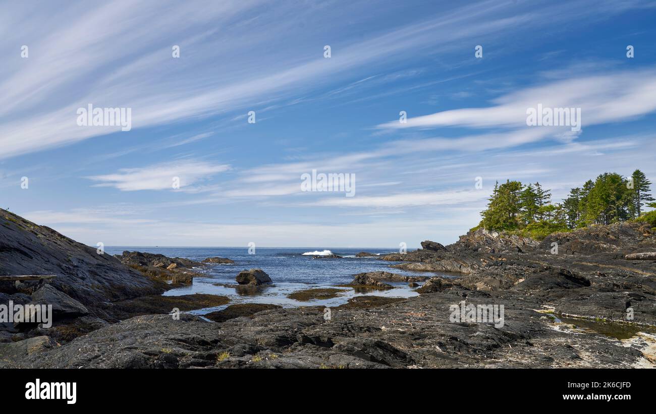 Dramatischer Blick auf das Meer und den Strand. Botanischer Strand im Juan de Fuca Provincial Park. Stockfoto