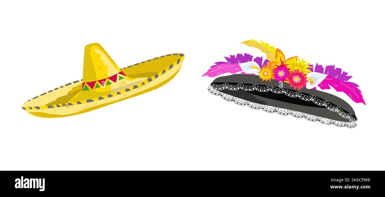 Kopfbedeckung von Mexikanern. Sombrero und Catrina Hut mit Blumen und Federn in traditionellen Farben für den Tag der Toten. Cartoon Design Elemente für ca. Stock Vektor