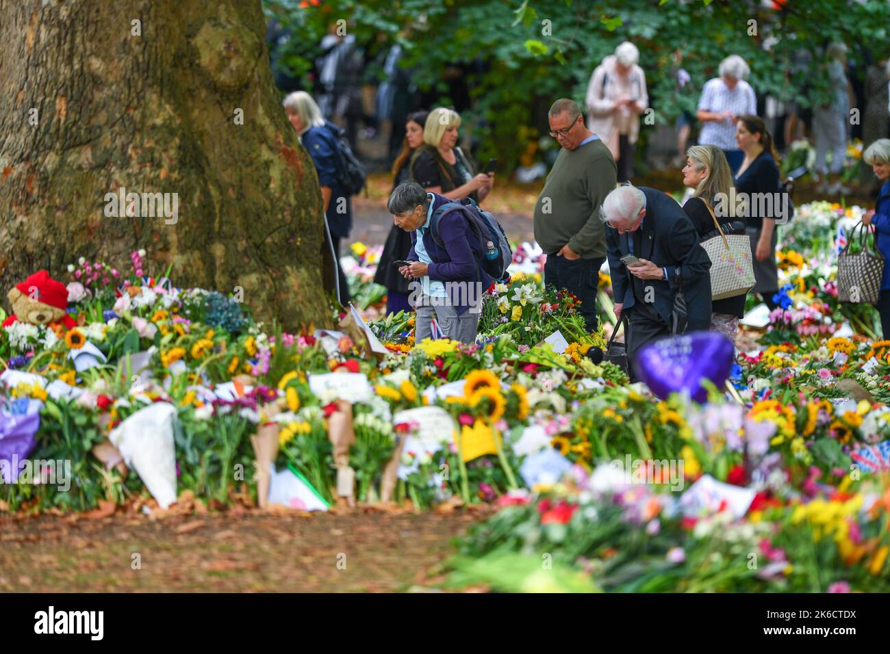 Mitglieder der Öffentlichkeit kommen im Green Park London UK zusammen, um Blumen zu legen und unter den Ehrungen an die verstorbene Königin Elizabeth die zweite zu spazieren. Stockfoto