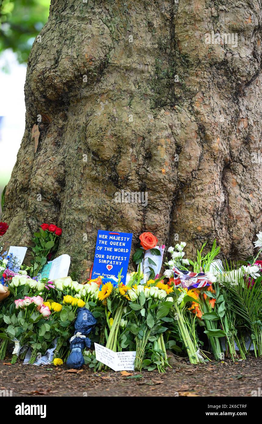 Eine Hommage an die Königin im Green Park London mit mehreren Rechtschreibfehlern. Stockfoto