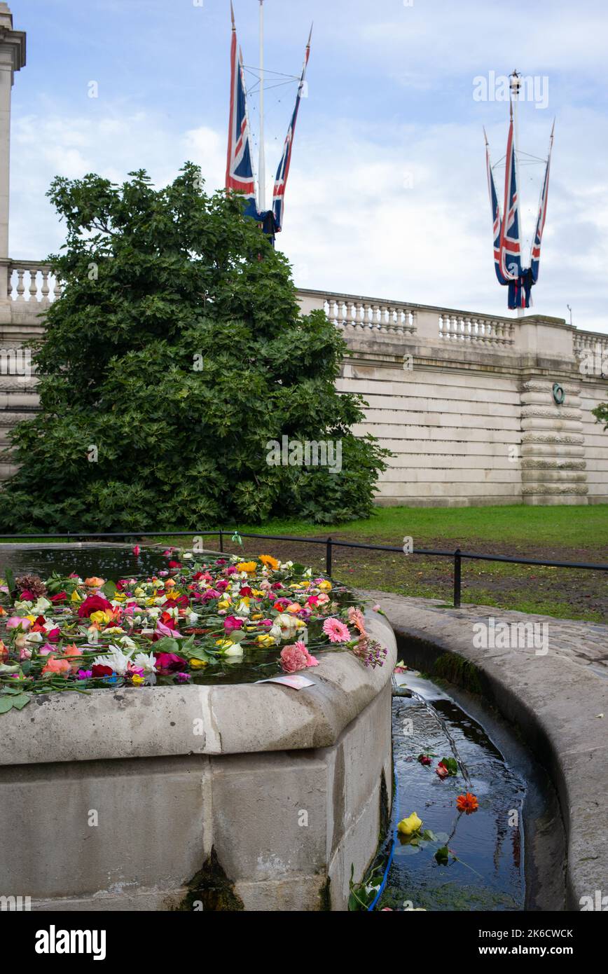 Blumen-Tribute schweben in einem der Wasserfontänen in der Nähe der Spur Road, die den Buckinham Palace London umgeben, als Hommage an die verstorbene Königin Elizabeth 2.. Stockfoto