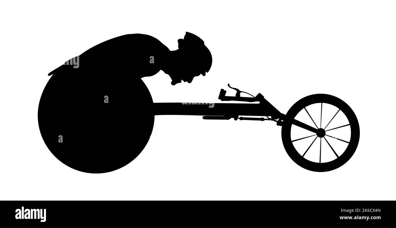 Behinderter Sportler im Rennrollstuhl schwarze Silhouette Stockfoto