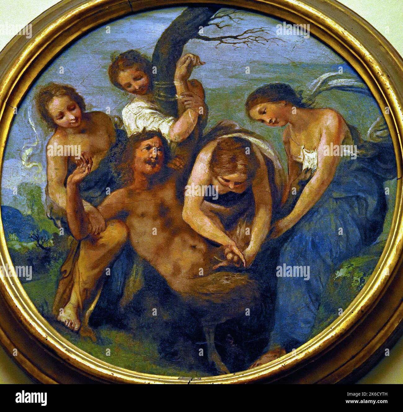 Mythologische und alttestamentliche Geschichten, um 1634-1635, Fresko auf einer Schilfmatte, Kastration eines Satyrs von Giovanni da San Giovanni 1590-1638, Uffizien, Florenz, Italien. ( Giovanni da San Giovanni (20. März 1592 – 9. Dezember 1636), auch bekannt als Giovanni Mannozzi, war ein italienischer Maler des Frühbarocks. ) Stockfoto