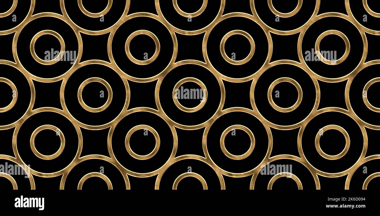 Nahtlose goldene geometrische Kreise Linienmuster. Vintage abstrakt vergoldet Relief auf dunkelschwarzem Hintergrund. Moderne, elegante, luxuriöse Metallic-Kulisse. Stockfoto