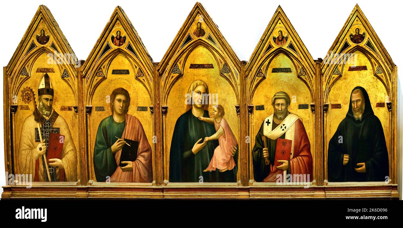 Madonna mit Kind, St. Nikolaus, St. Johannes der Evangelist,. St. Peter, St. Benedikt der Erlöser, vier Engel, Giotto di Bondone, (Vespignano, Vicchio di Mugello 1267 – Florenz 1337) Gotik/Proto-Renaissance. Florenz, Italien. Stockfoto