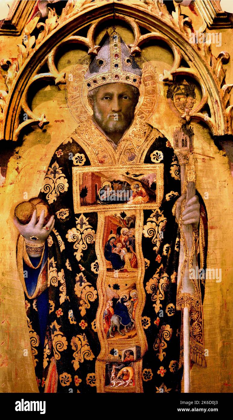 Quaratesi Polyptych, von Gentile di Niccol bekannt als Gentile da Fabriano, 1425, 15. Jahrhundert, Florenz, Italien. St. Maria Magdalena hält Balsamario Parfümflasche, St. Nikolaus von Bari Bischof Tiara pastoralen Personal Gewänder chasuble Stahl drei Kugeln rechten Spitzen Cymatium Formung. Stockfoto