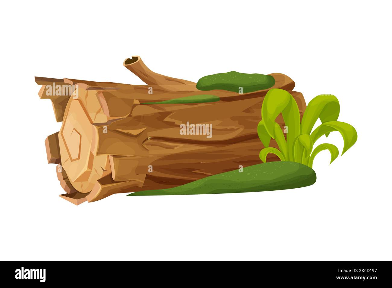 Altes Holz, Baumstamm, Stamm mit Moos und Gras leer im Cartoon-Stil isoliert auf weißem Hintergrund. Wald Clip Art, alte und gebrochene Stück, Teil. . Vektorgrafik Stock Vektor