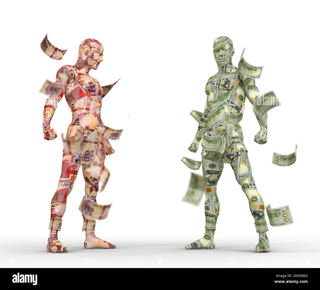 US Dollar vs. Ghanaischer Cedi, Forex-Handel, Währungspaar, menschliche Charaktere aus Geld, Währungskampf, 3D Rendering Stockfoto