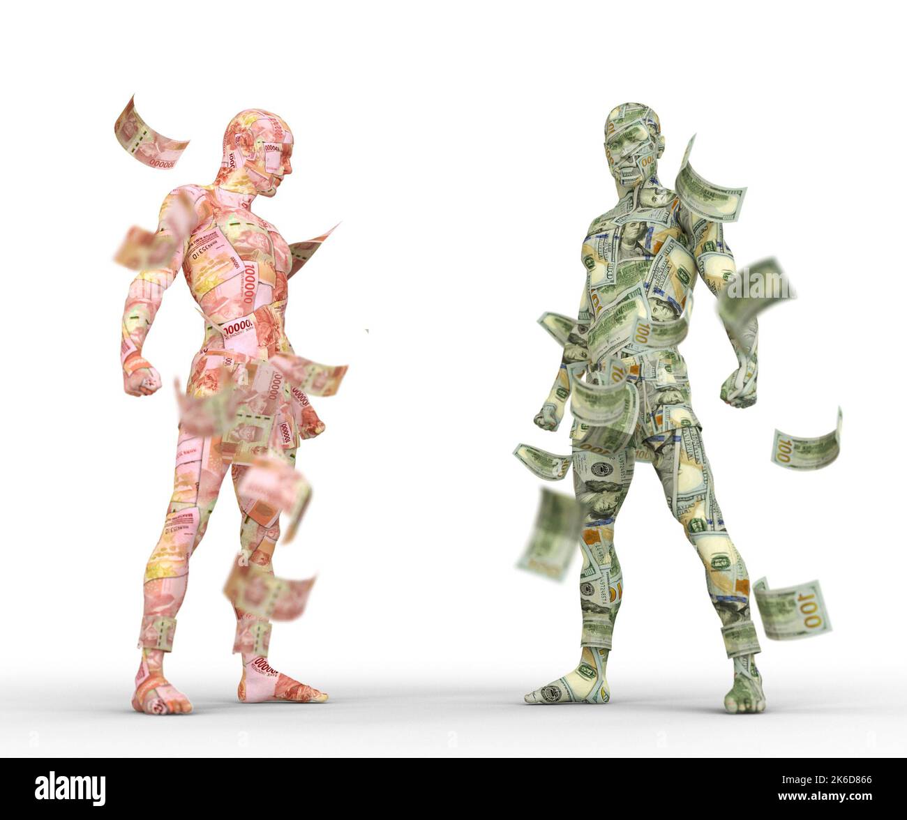 US-Dollar gegen indonesische Rupiah, Forex-Handel, Währungsparaking, menschliche Charaktere aus Geld, Währungskampf, 3D Rendering Stockfoto