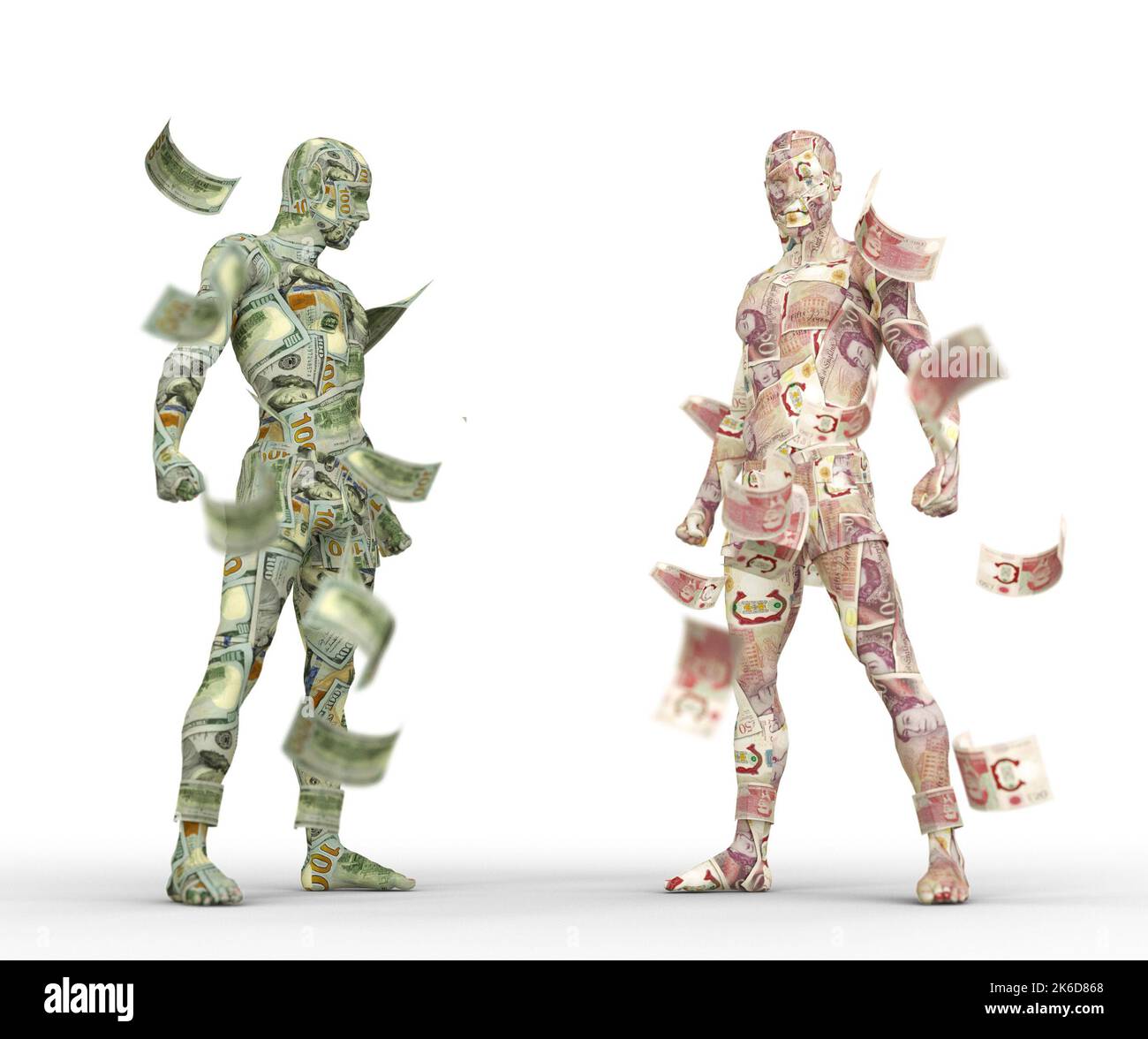 US-Dollar vs. Britisches Pfund, Forex-Handel, Währungsparaking, menschliche Charaktere aus Geld, 3D Rendering, Währungskampf Stockfoto