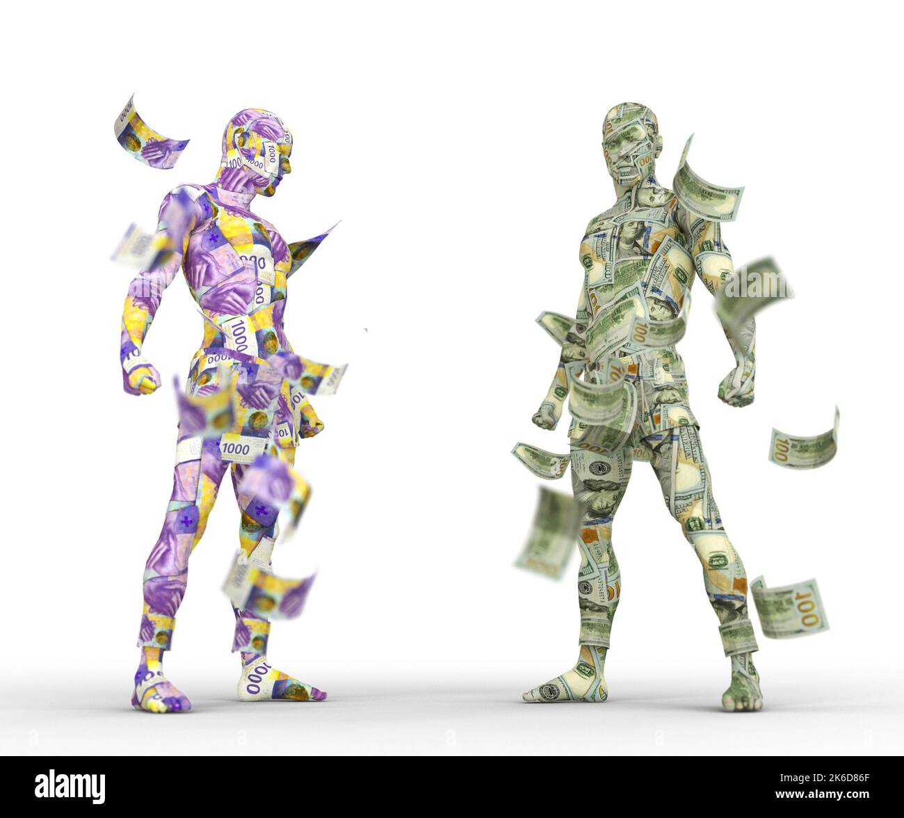 US-Dollar gegen Schweizer Franken, Forex-Handel, Währungsparaking, menschliche Charaktere aus Geld, Währungskampf, 3D Rendering Stockfoto