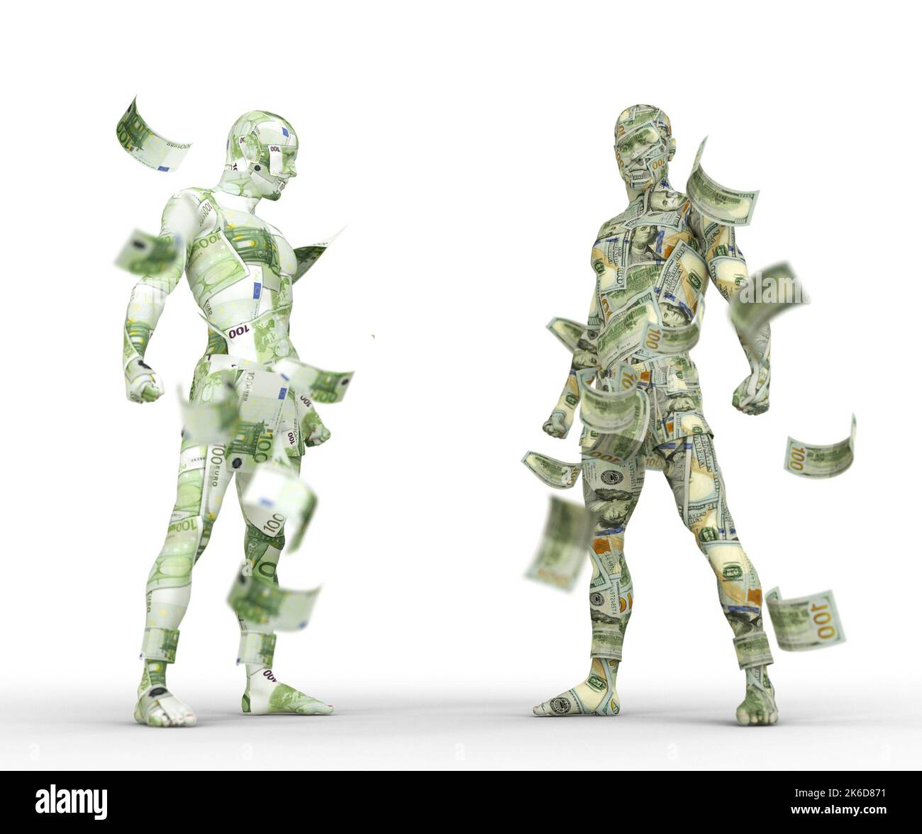 US Dollar vs Euro, Forex Trading, Währungsparaking, menschliche Charaktere aus Geld, 3D Rendering Stockfoto