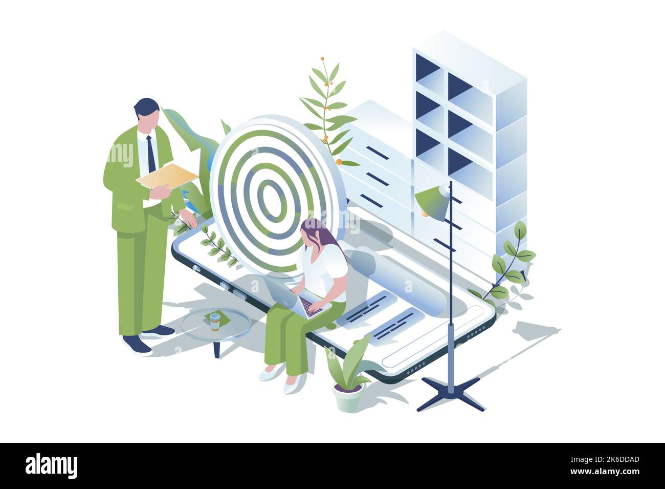 SEO-Optimierung Web-Konzept in 3D isometrisches Design. Personen, die Daten analysieren, Schlüsselwörter auswählen, Einstellungen vornehmen und die Website für häufig gestellte Suchanfragen optimieren Stock Vektor