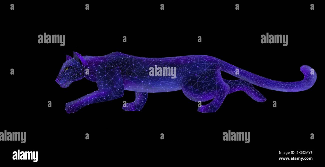 Isoliertes Low-Poly-Grafikdesign von Leoparden in Form von Linien und Punkten, bestehend aus Dreiecken auf schwarzem Hintergrund. Neonlicht. Personalberatung Stockfoto