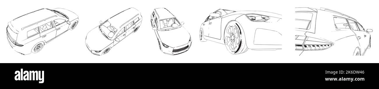 Konzept oder konzeptioneller Satz eines städtischen Luxusautos skizziert aus verschiedenen Perspektiven. 3D Illustration als Metapher für Transport und Reisen, in Stockfoto