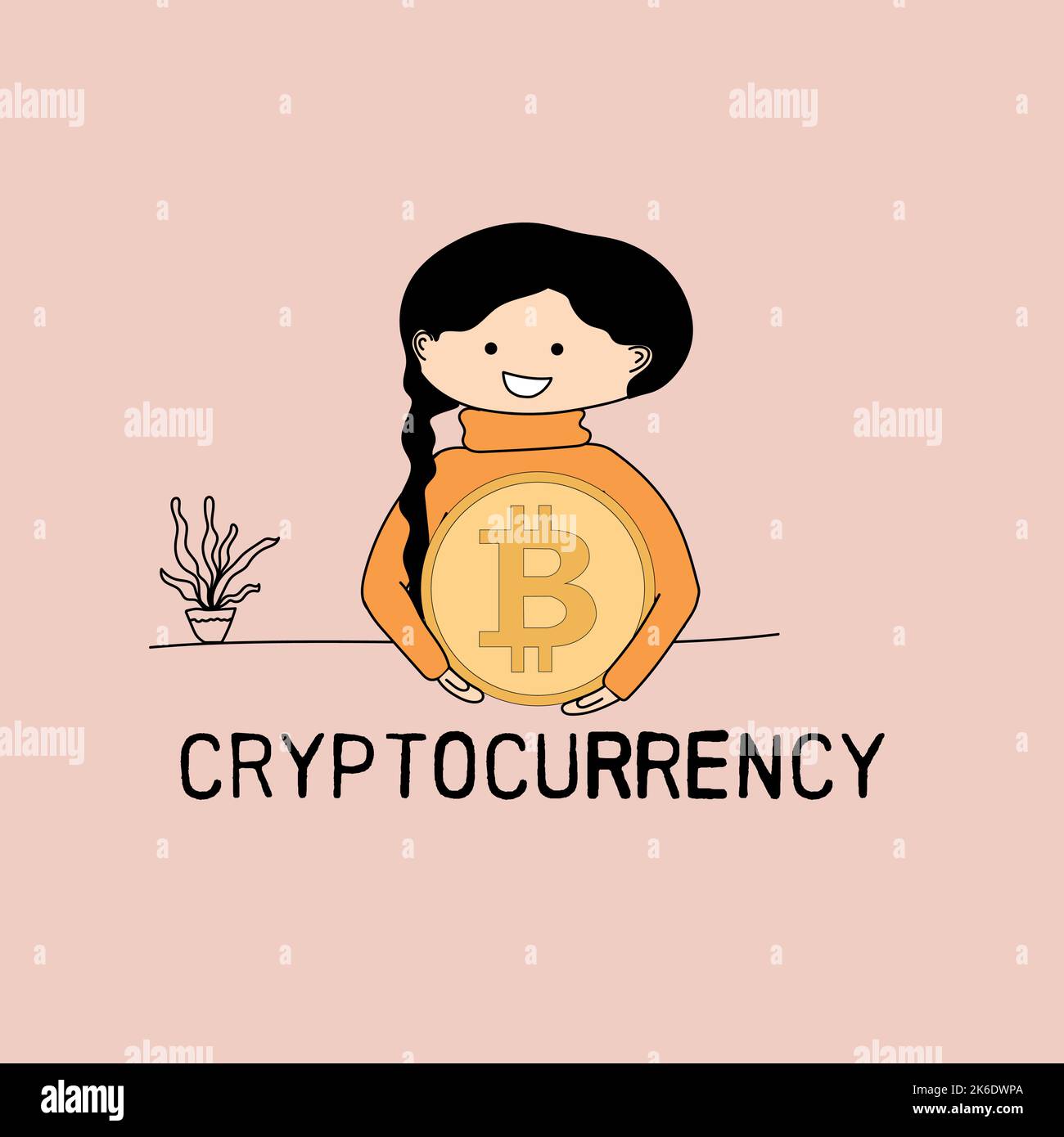 Nettes Mädchen hält Bitcoin Münze. vektor-Kunst Stock Vektor