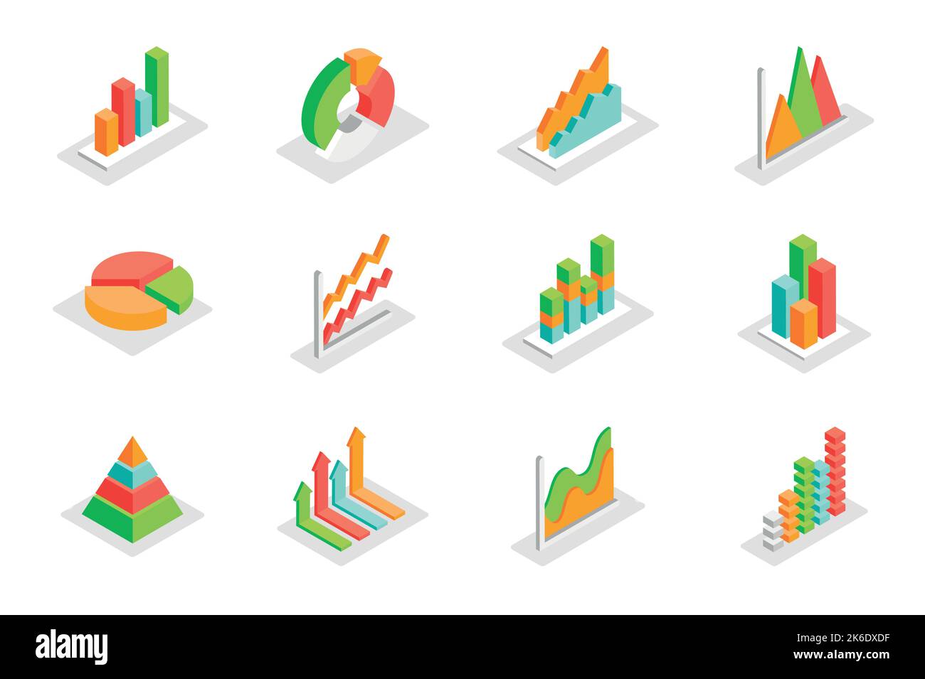 Diagramm und Diagramme Konzept 3D isometrische Symbole gesetzt. Elemente von Balken- und Kreisdiagramm, Segment, Pyramide, Pfeile, Datenanalyse, Statistiken und andere Stock Vektor