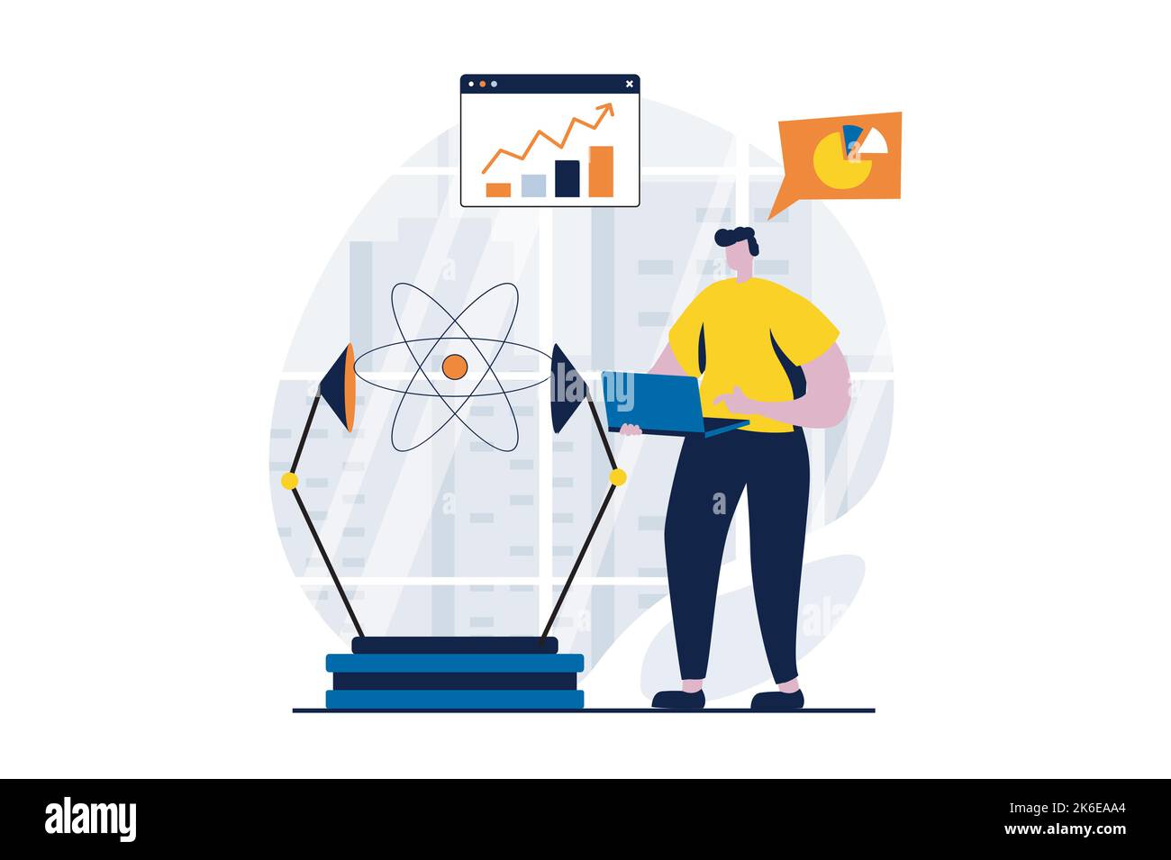 Data Science-Konzept mit People-Szene im flachen Cartoon-Design. Wissenschaftler arbeitet mit Datenbanken, analysiert Graphen und lässt Physik experimentieren Stock Vektor