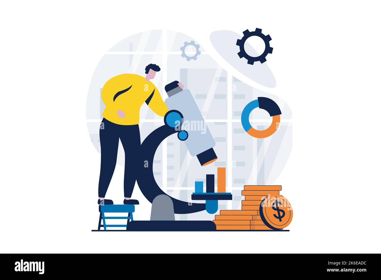 Data Science-Konzept mit People-Szene im flachen Cartoon-Design. Wissenschaftler, die durch das Mikroskop schauen, Daten studieren und mit Statistiken in arbeiten Stock Vektor