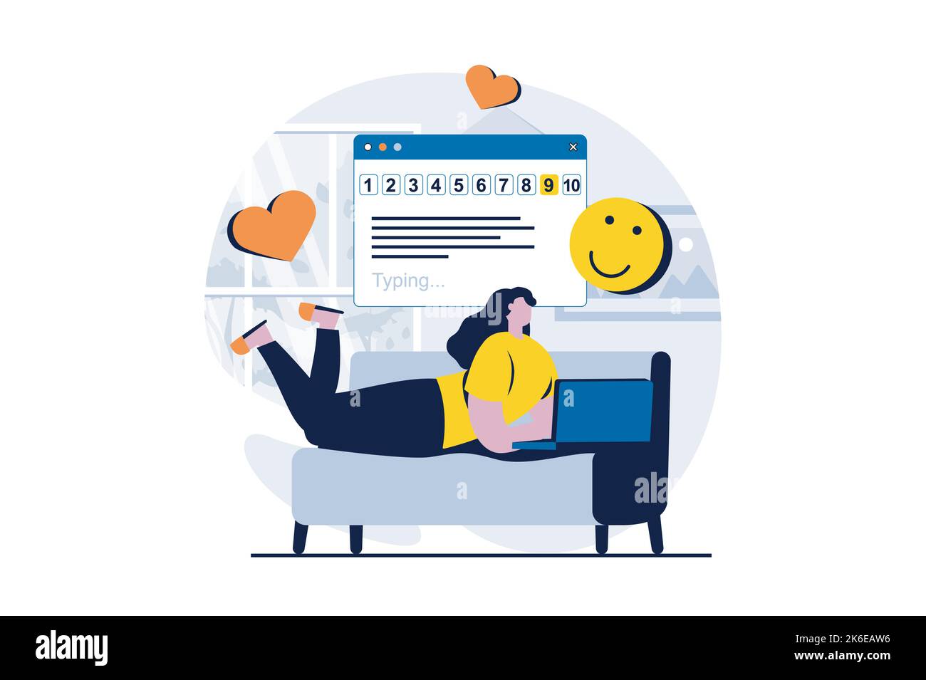 Feedback-Seite Konzept mit Menschen Szene in flachen Cartoon-Design. Frau gibt hohe Bewertung und lässt Herzen und Emoticons in Online-Form. Kunde Stock Vektor