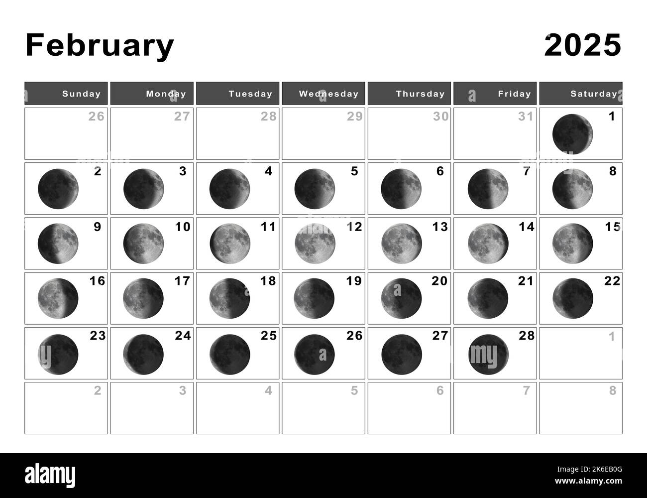Februar 2025 Mondkalender, Mondzyklen, Mondphasen Stockfoto