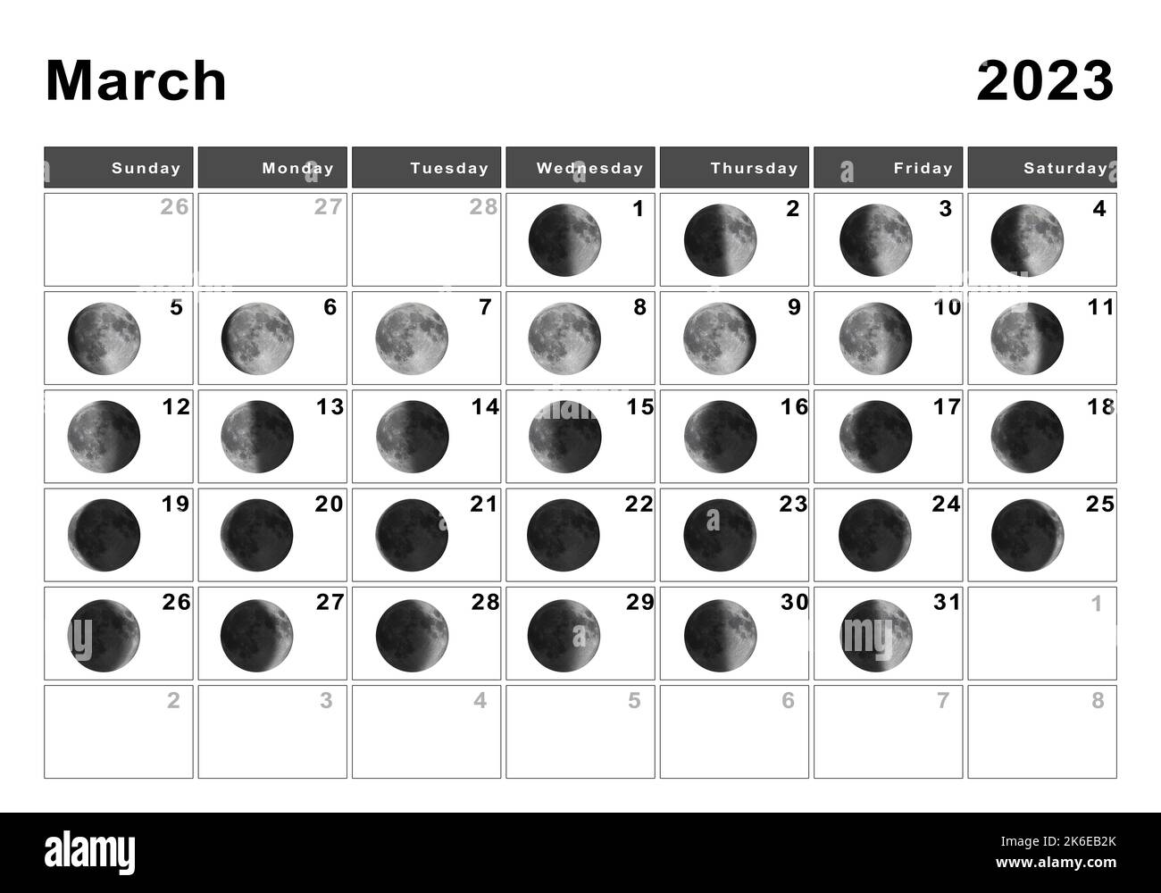März 2023 Mondkalender, Mondzyklen, Mondphasen Stockfoto