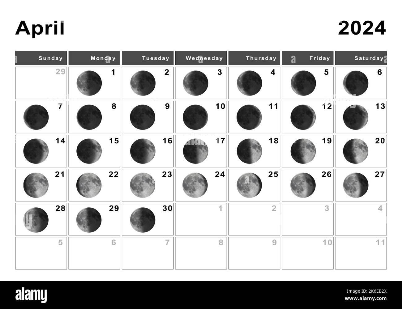 April 2024 Mondkalender, Mondzyklen, Mondphasen Stockfoto