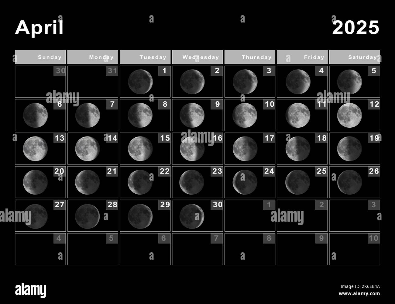 April 2025 Mondkalender, Mondzyklen, Mondphasen Stockfoto