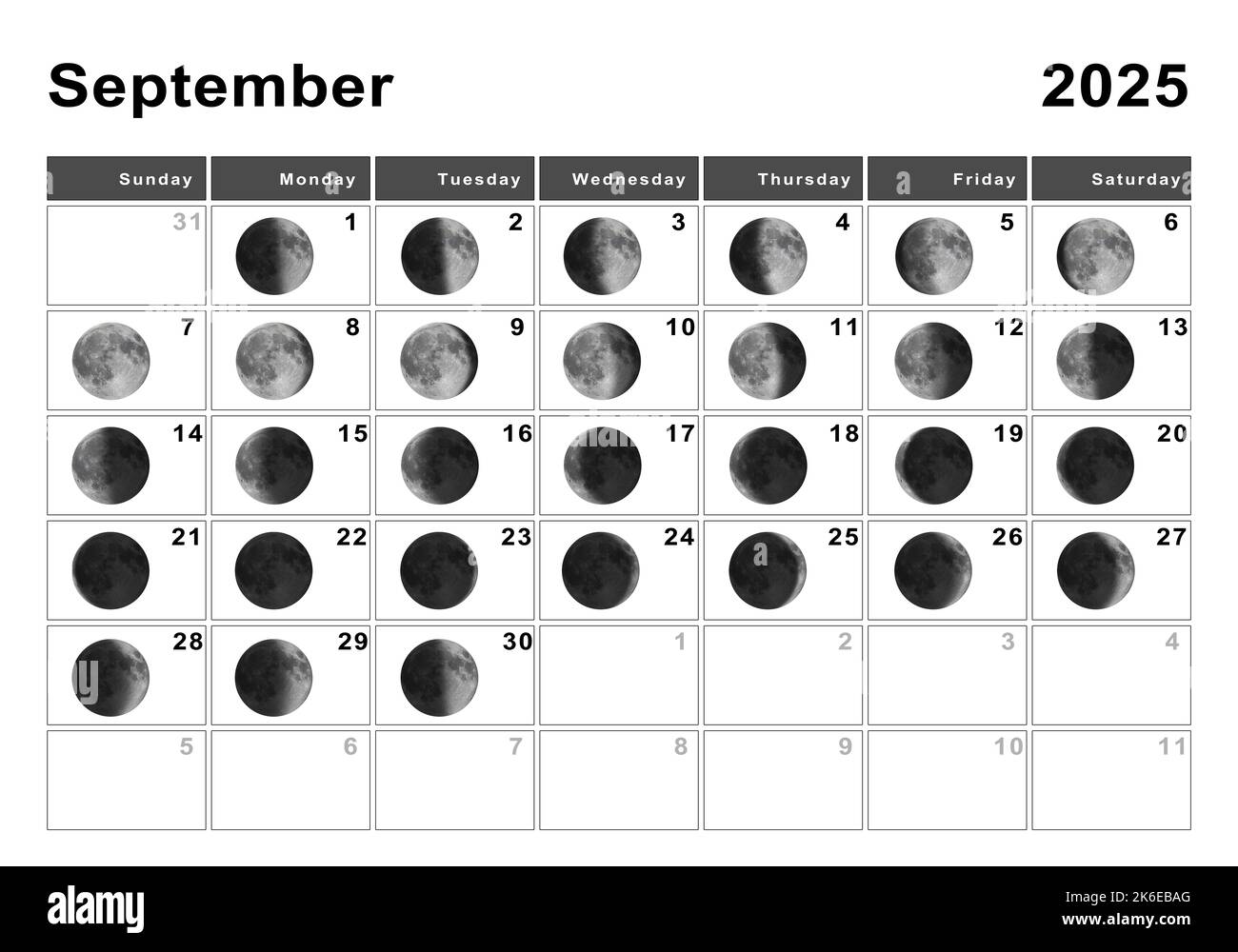 September 2025 Mondkalender, Mondzyklen, Mondphasen Stockfoto