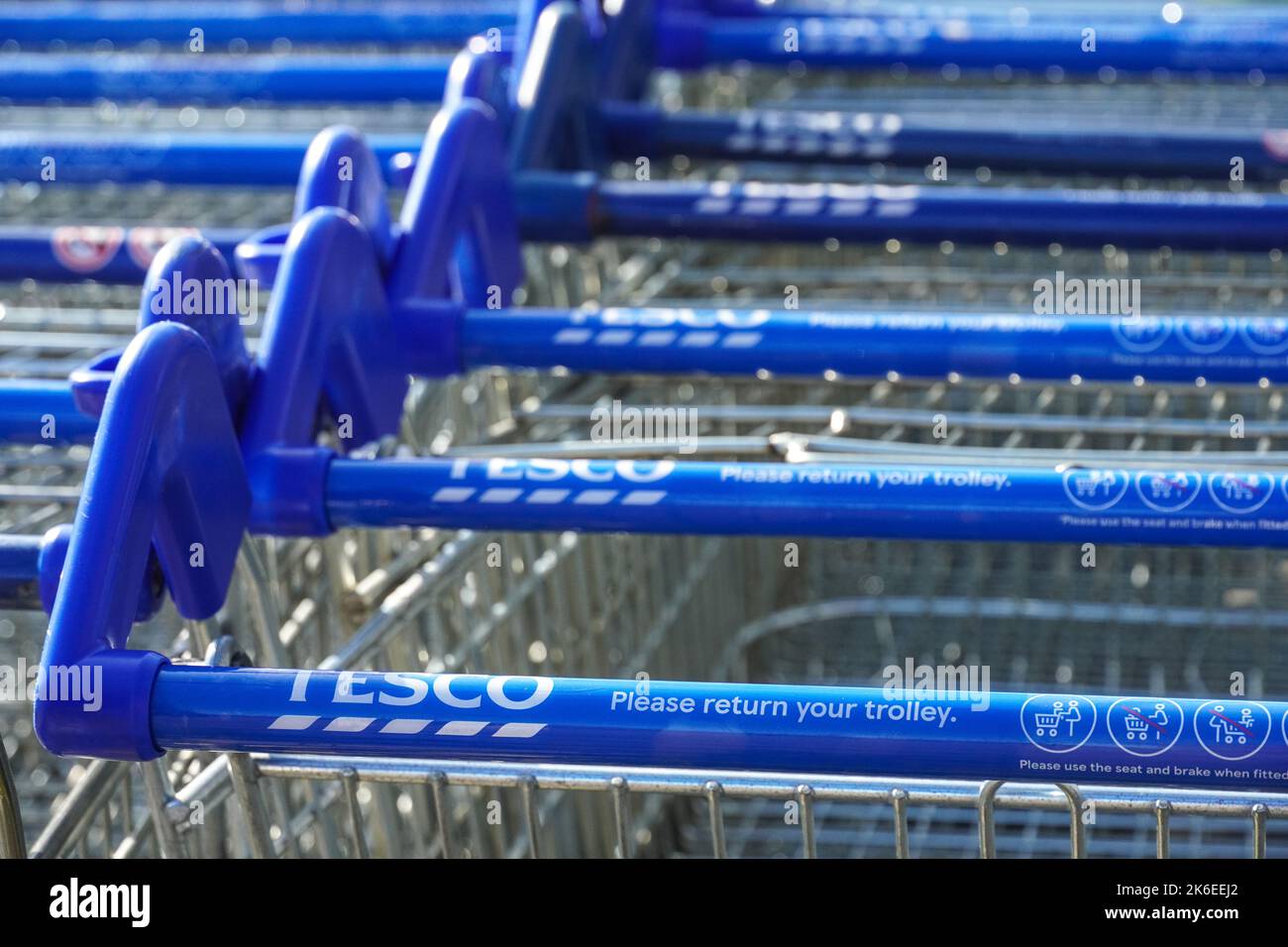 Reihen von Tesco Trolleys vor dem Supermarkt, London, England, Großbritannien, Großbritannien Stockfoto