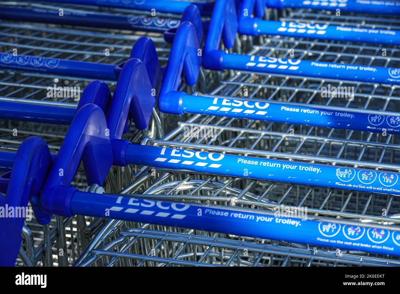 Reihen von Tesco Trolleys vor dem Supermarkt, London, England, Großbritannien, Großbritannien Stockfoto