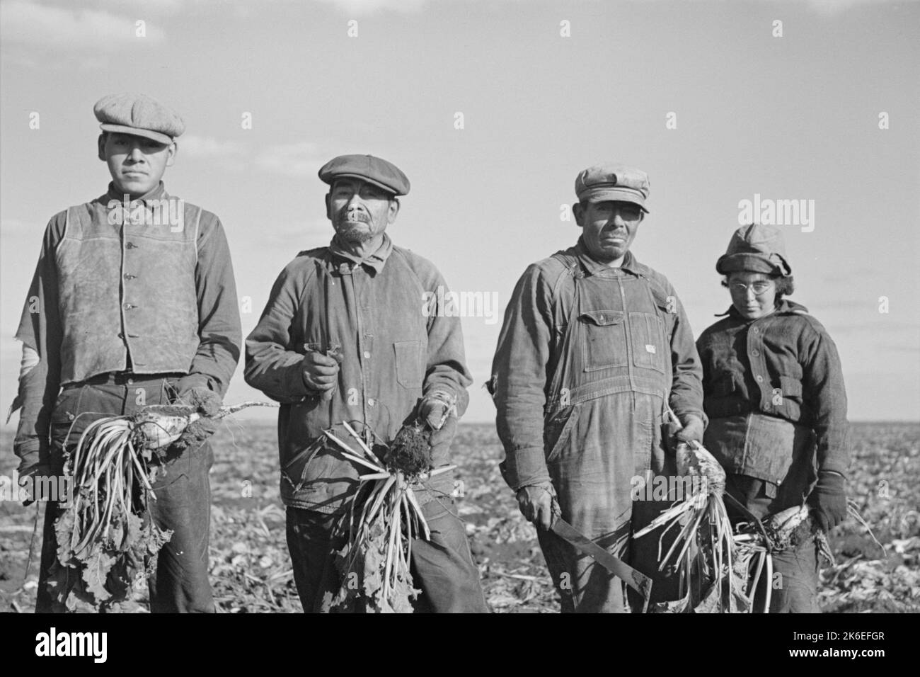 Familie mexikanischer Zuckerrübenarbeiter in der Nähe von East Grand Forks ca. 1937, Minnesota, USA Stockfoto