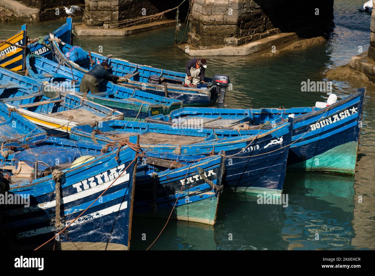 Fischer legen ihre Boote im Hafen von Essaouira, Marokko, Nordafrika an Stockfoto