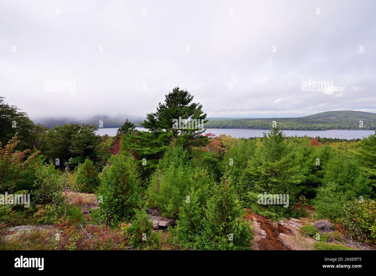 Acadia National Park, Maine, USA. Der frühe Herbst beginnt sich in den Bäumen über dem Eagle Lake zu zeigen. Stockfoto