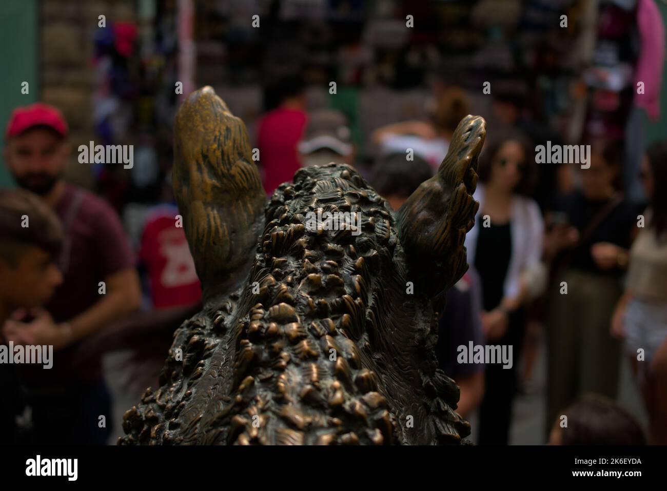 Touristen um eine Wildschweinstatue 'Il Porcellino', die angeblich Glück bringen soll, Florenz, Italien Stockfoto