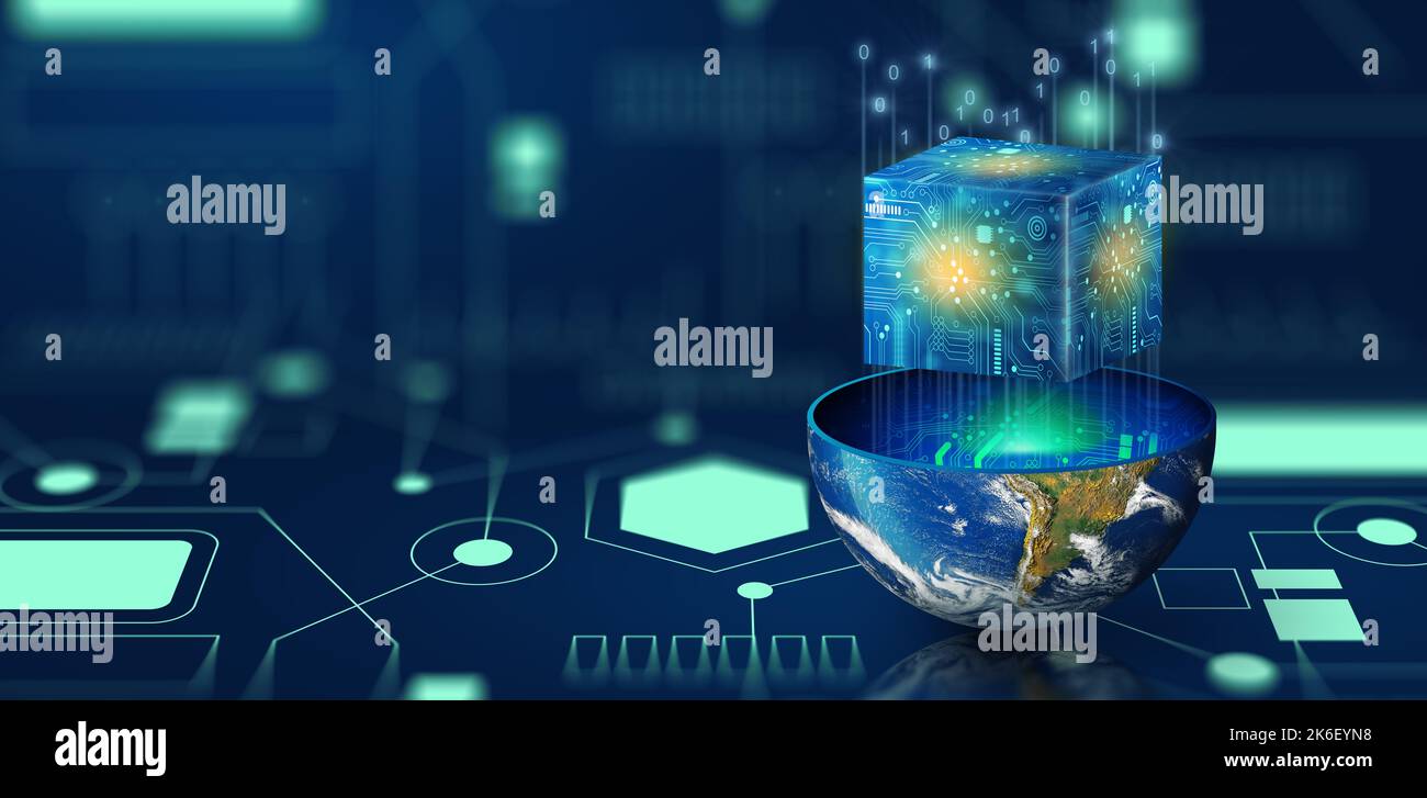 Cube-Technologie in der digitalen Welt. Abstrakter blauer Hintergrund mit konvergierenden Schaltpunkten. Blockchain-Netzwerksystem. Verarbeitung von Big Data Storage. Stockfoto