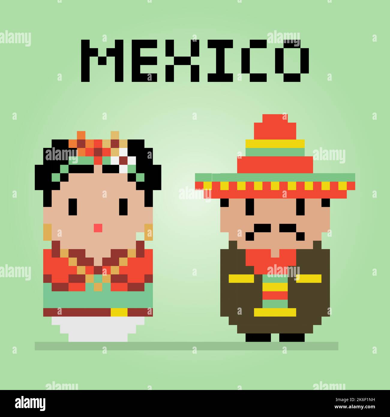 Männliche und weibliche 8-Bit-Pixel. Paare tragen mexikanische Uniformen für Kreuzstich Muster in Vektor-Illustration. Stock Vektor