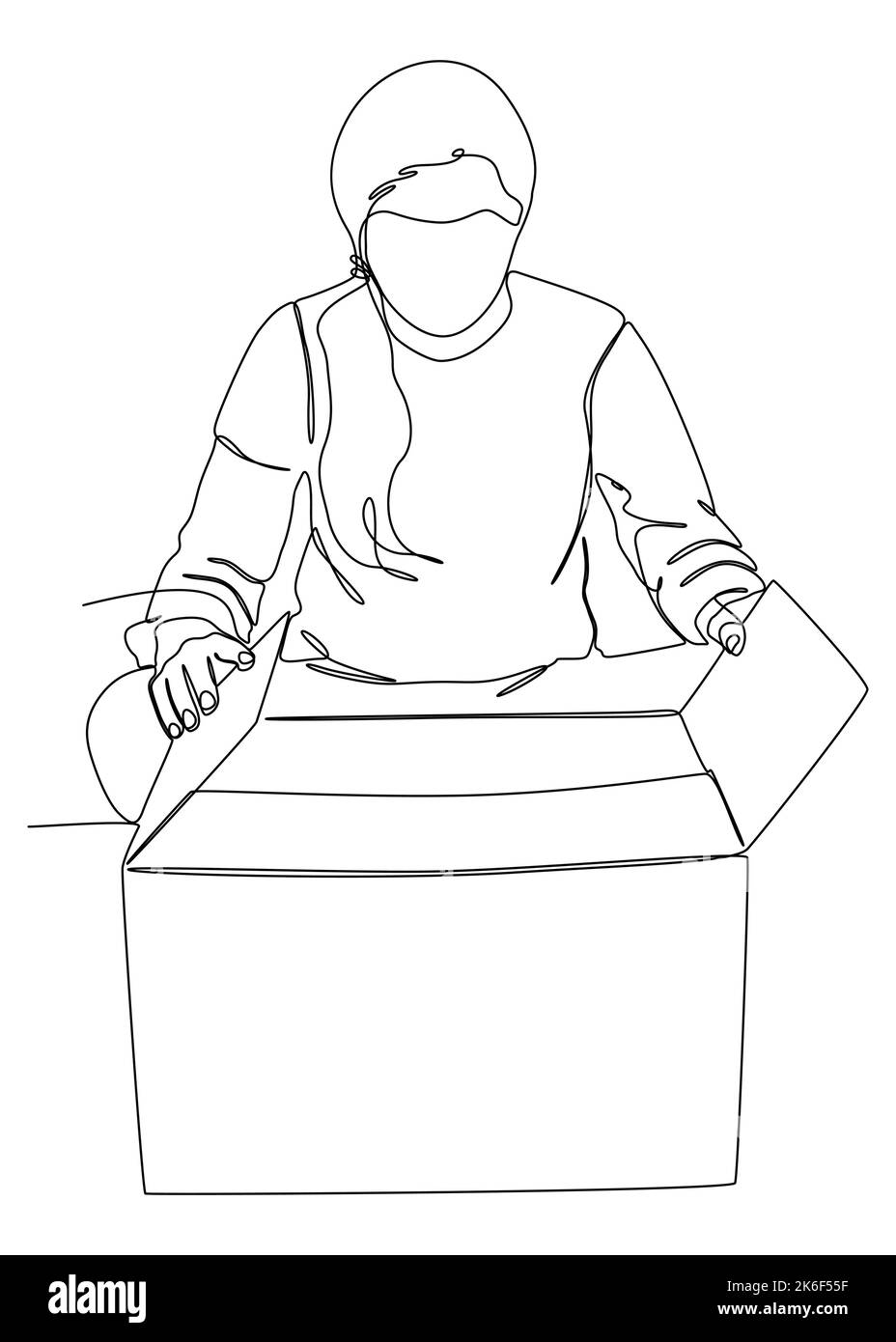 Eine fortlaufende Linienzeichnung von Frau Shopper beim Auspacken von Postpaketen. Vektor-Konzept der dünnen Linie Illustration. Konturzeichnen Kreative Ideen. Stock Vektor