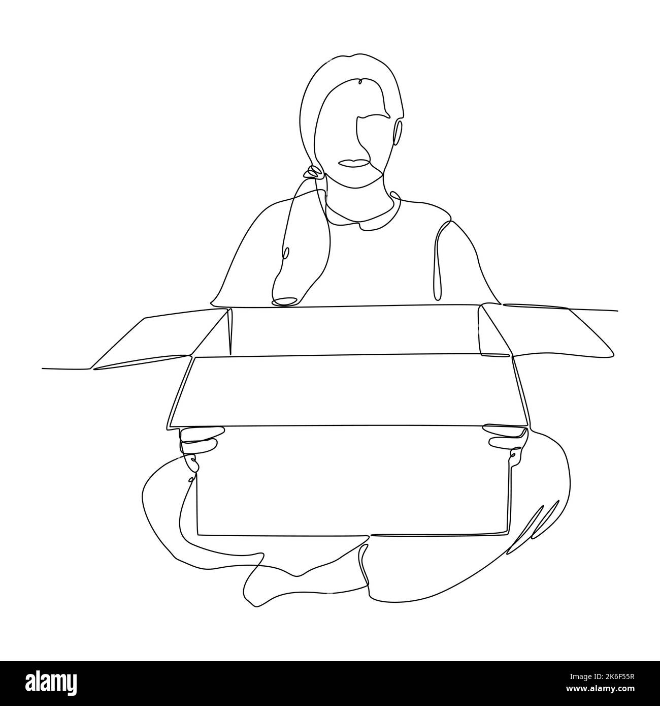 Eine fortlaufende Linienzeichnung von Frau Shopper beim Auspacken von Postpaketen. Vektor-Konzept der dünnen Linie Illustration. Konturzeichnen Kreative Ideen. Stock Vektor