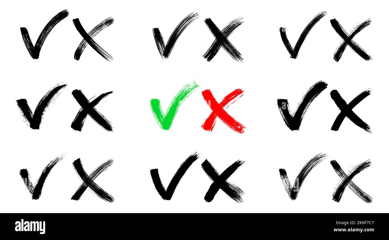 Pinsel lackiert ja und keine Häkchen gesetzt. Schwarz-weiß Karo- und Kreuzschilder Kollektion. Symbole zur Genehmigung und Ablehnung gezeichneter Stimmen. X- und V-Embleme. Stock Vektor