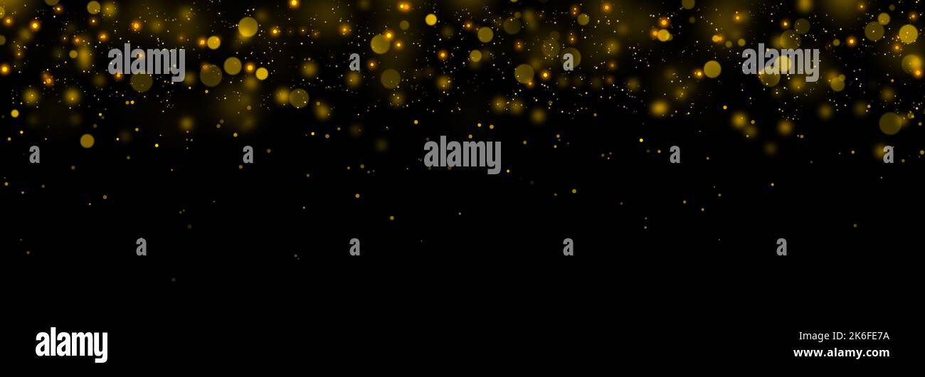 Gold glitzernden Sternen Staub und Bokeh Hintergrund. Abstrakte weihnachten leuchten Licht Textur. Stockfoto