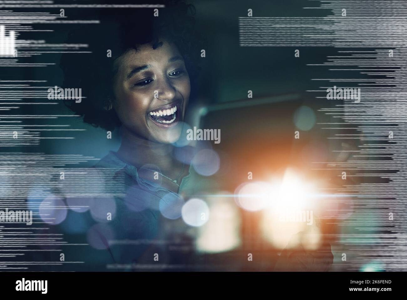 Digital Overlay, Business Black Woman und Tablet-Technologie Innovation Licht Bokeh für die Vernetzung, Fintech Aktienmarkt-Analysen. Erfolg, Zukunft und Stockfoto