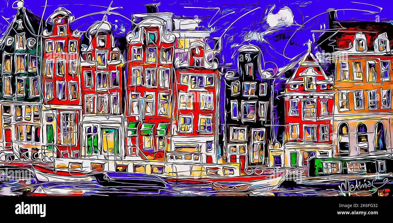 Abendkanal in Amsterdam Bunte Häuser Boote Fahrräder Stadtbild expressive digitale Malerei Moderne Kunst Bunte Illustration Digitale Kunst Stockfoto